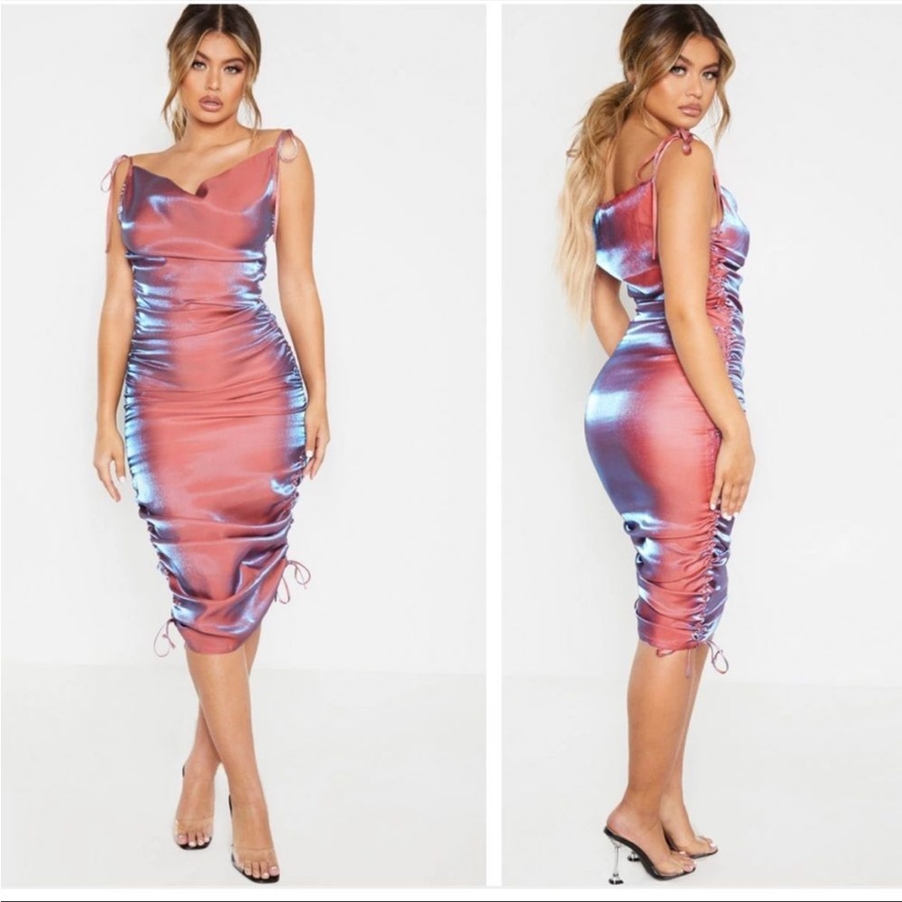 Pretty Little Thing | Pink metallic shimmer cowl neck midi dress size 8